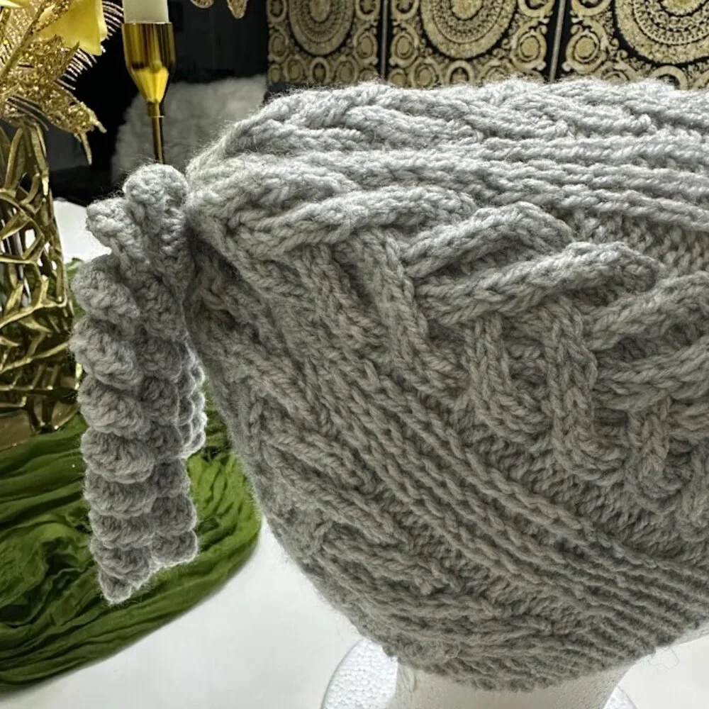 Handmade Gray Chunky Knit Hat with Braided Cable Pattern